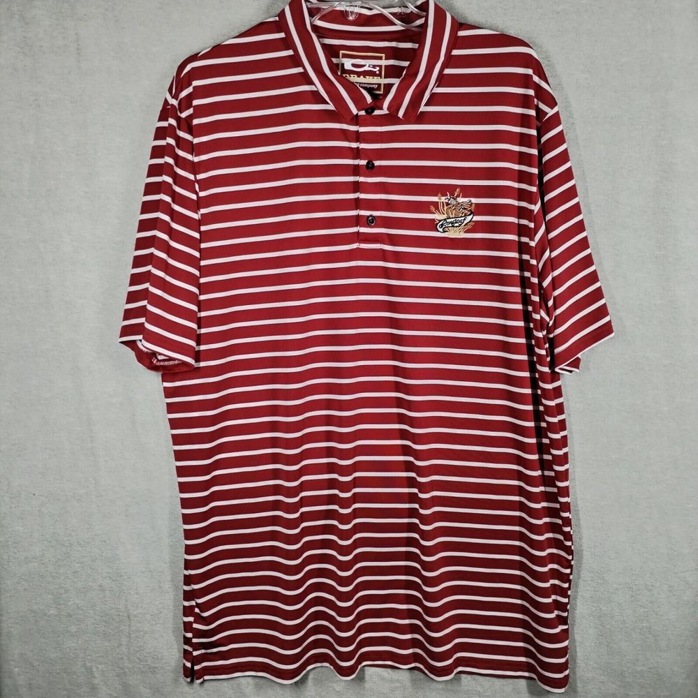 Drake Clothing‎ Company Mens XL Dry Fit Polo Golf Shirt Red White Striped Poly